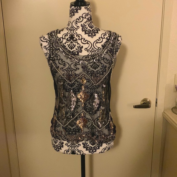 Sheer black with multiple color sequins and pearls - Picture 1 of 2